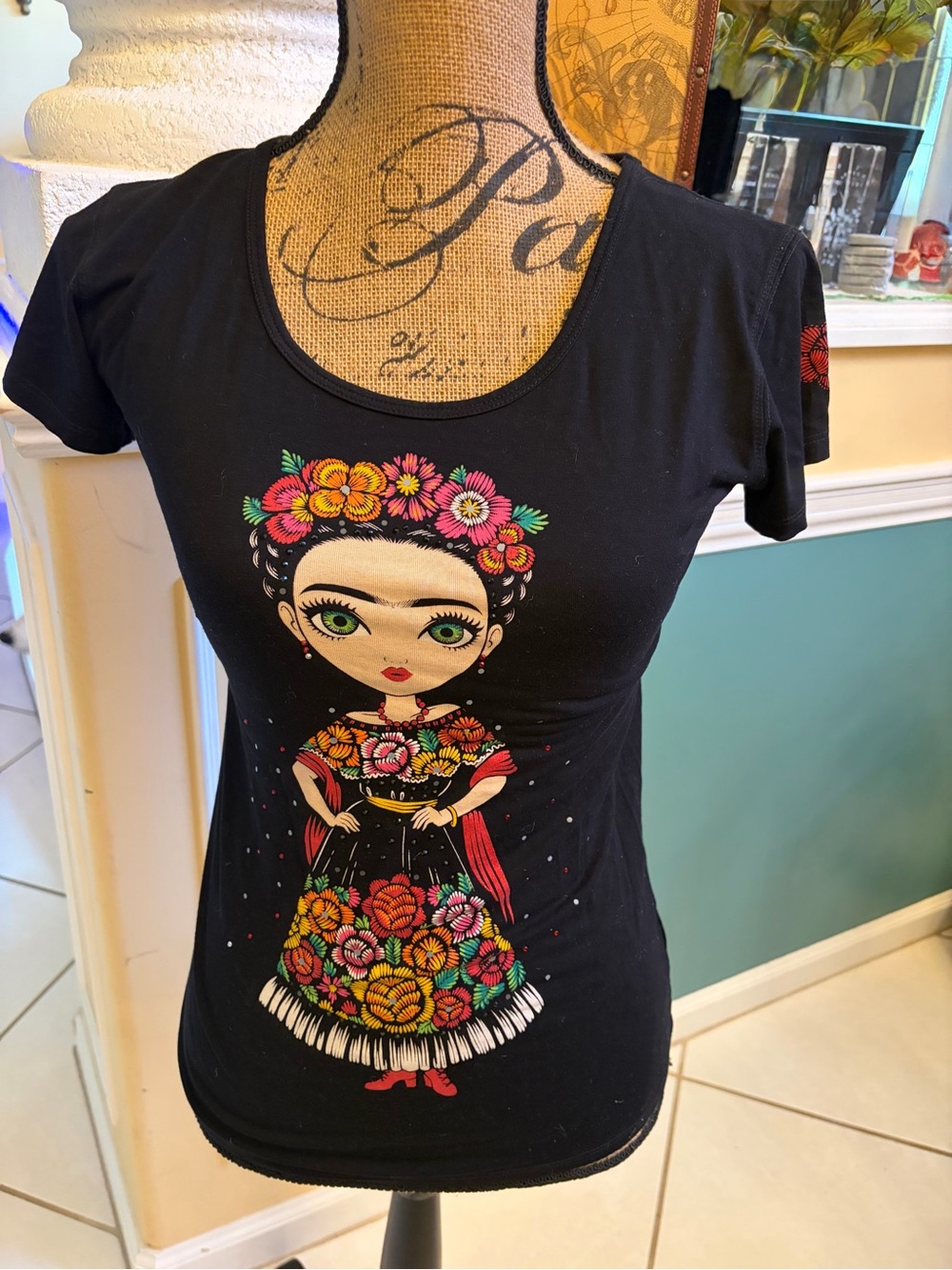 Black Graphic Tee with Colorful Frida-Inspired Doll Print